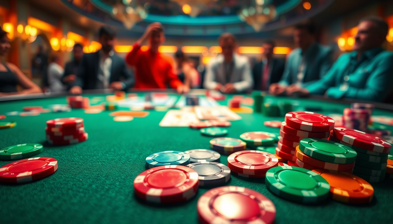 MABAR88 Gacor, suasana kasino yang energik dengan meja poker penuh warni, menampilkan antusiasme pemain.