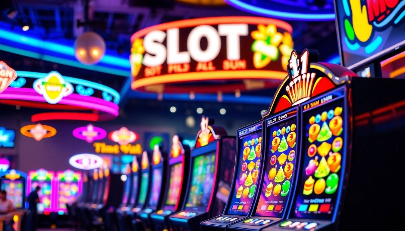 Mencoba peruntungan dalam permainan slot pulsa dengan suasana kasino yang semarak dan penuh energi.