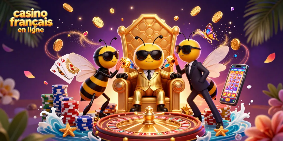 Illustration dynamique de casino français en ligne avec un patron en costume entouré de gardes, jetons et cartes s'envolant.