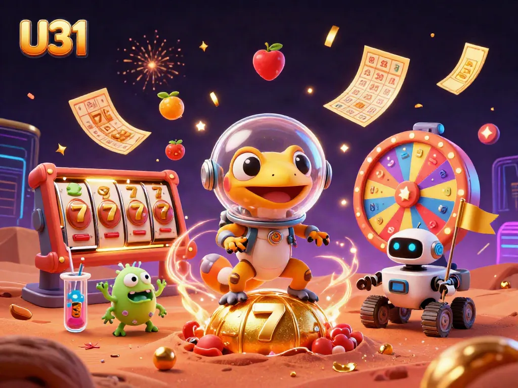 Engage with U31's vibrant gaming experience featuring slots, jackpots, and a Martian gecko in a golden casino.