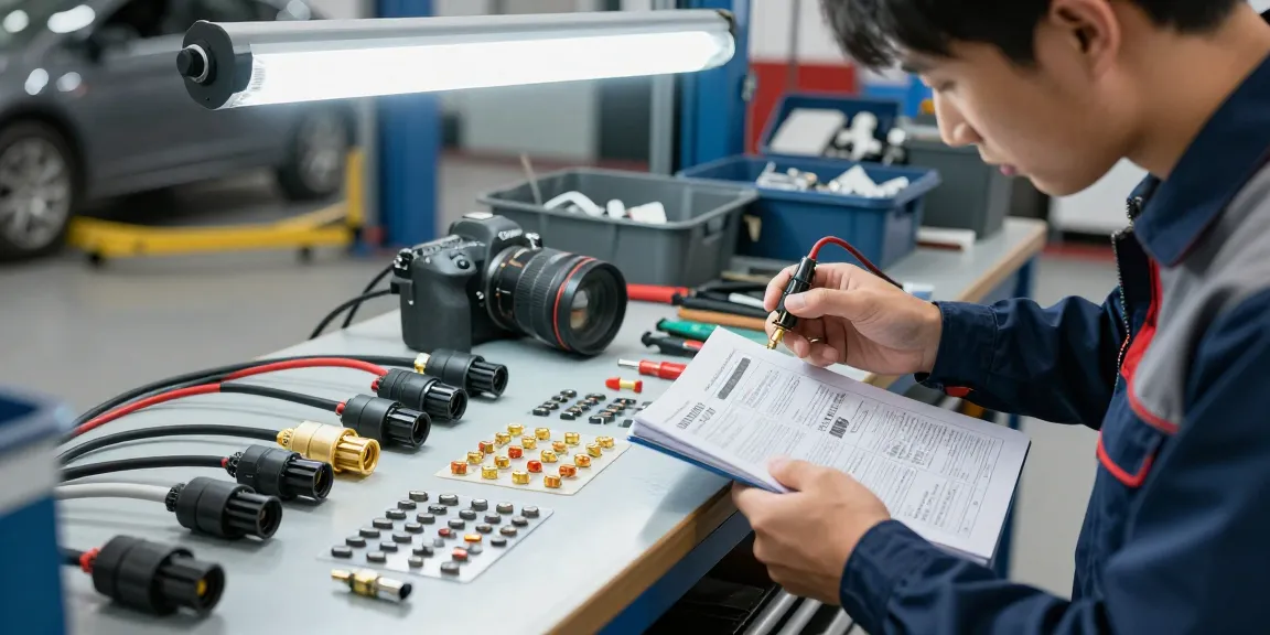 Technician analyzing automotive electrical connectors for quality assurance in a modern workshop.