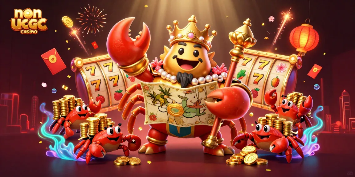 Experience the adventure at a non ukgc casino with a majestic golden crab empress surrounded by vibrant casino elements.