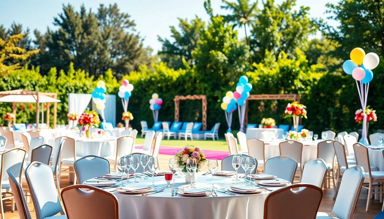 Highlighting Chair Rentals in an elegant outdoor setup showcasing a variety of chairs amidst festive decor.