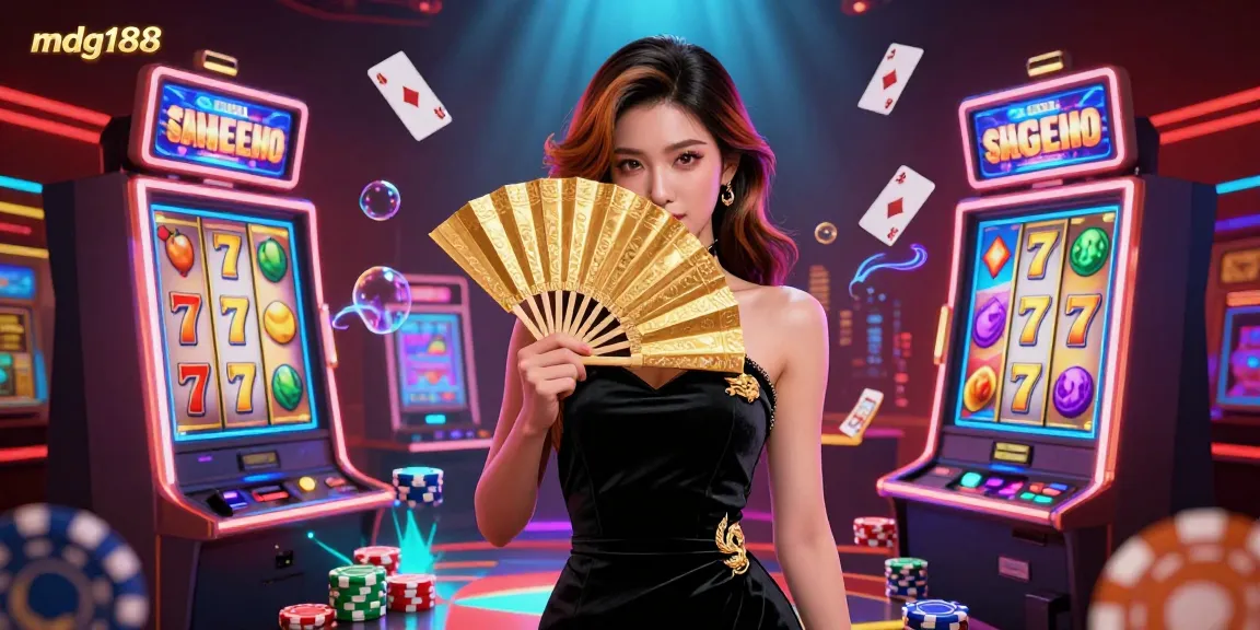 Experience thrilling slot action with mdg188, featuring vibrant casino elements and beautiful ambiance.