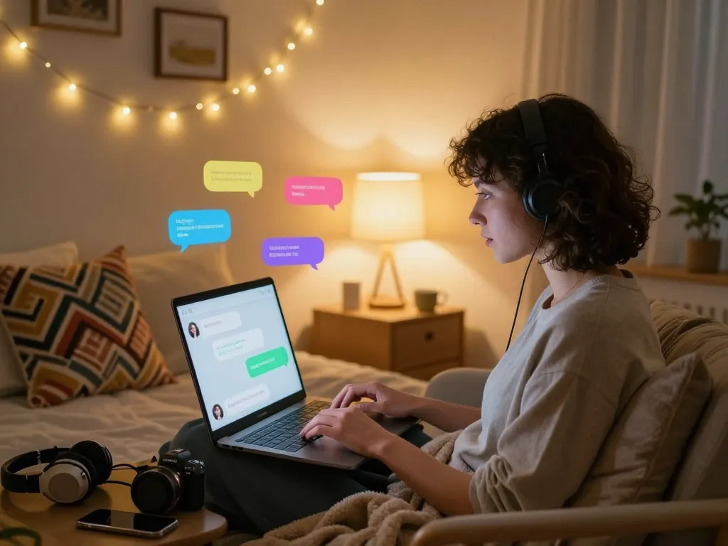 Engaging conversation with AI girlfriend in a cozy bedroom setting, showcasing personalized digital interaction.