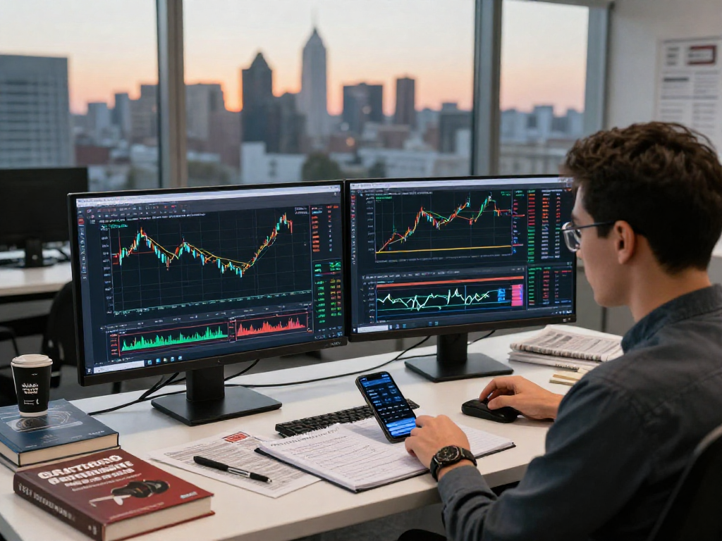 使用 MetaTrader 5 的交易者在现代办公室环境中，通过双显示器监控市场深度和实时图表。