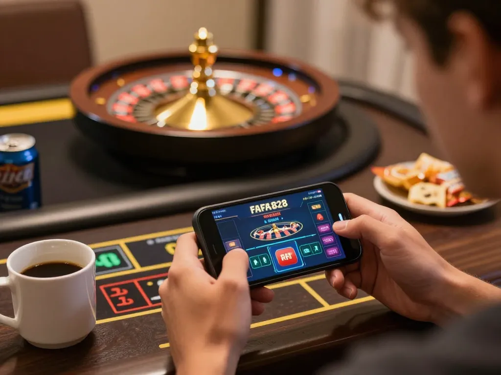 Player engaging in FAFA828 mobile gaming while analyzing bets, creating a strategic gaming atmosphere.