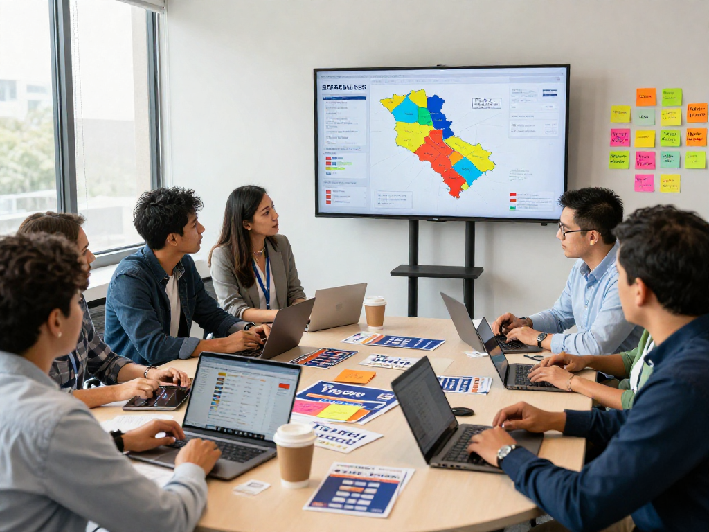 Engaged team analyzing data at a political direct mail company meeting, highlighting voter insights and campaign strategies.