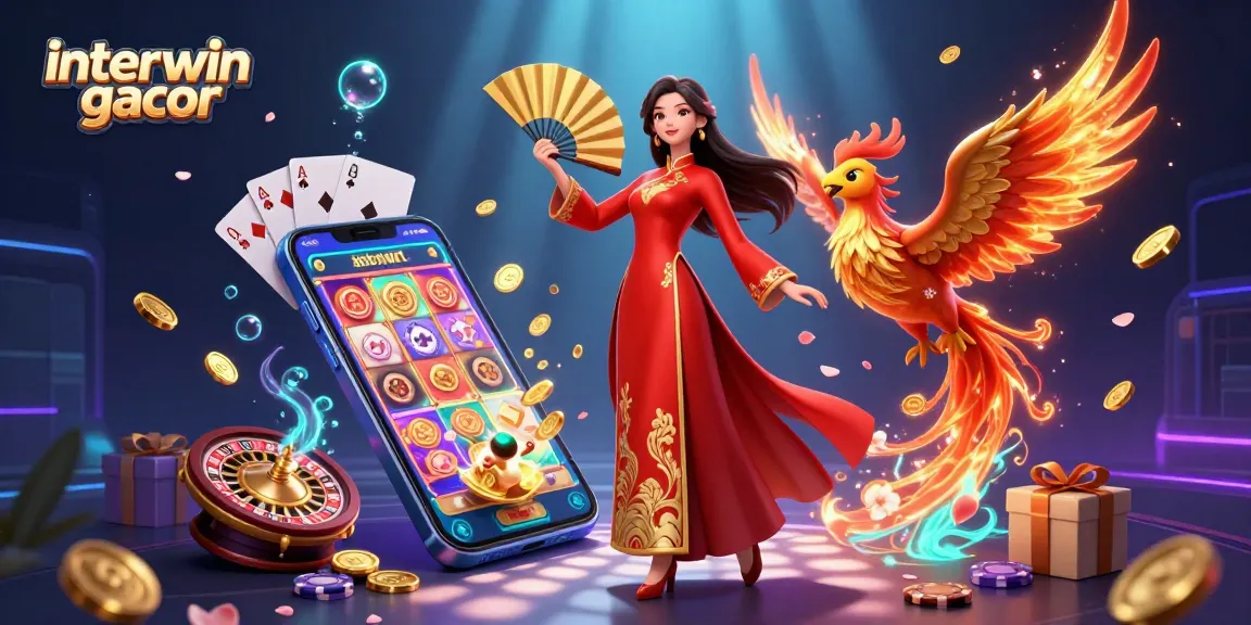 Experience the excitement of interwin gacor with vibrant slot games, a graceful woman, and a phoenix in a dynamic casino scene.