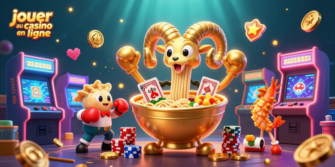 Jouer au casino en ligne avec une illustration 3D animée d'un bol de ramen géant et des personnages colorés.