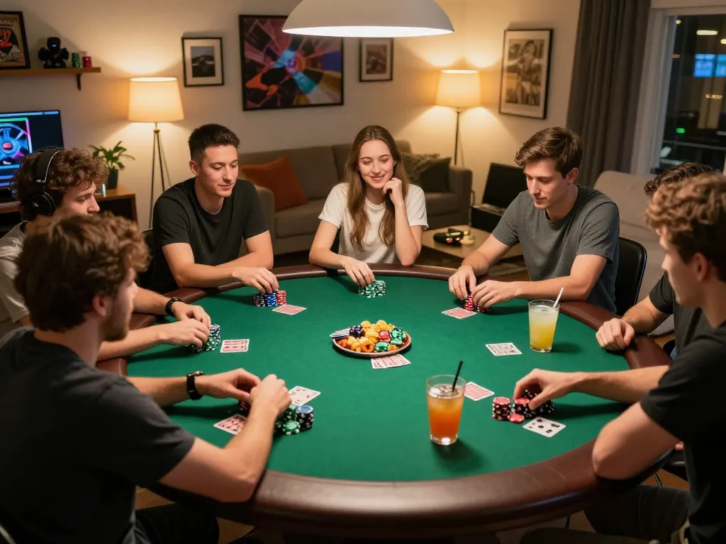 Players enjoying a lively poker game at home, discussing strategies and placing bets with hb888.