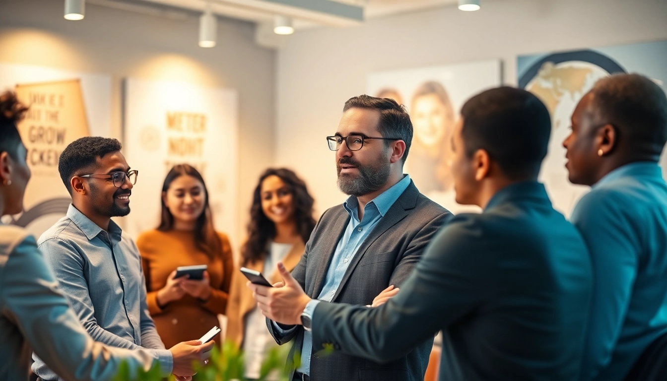 Engaging scene illustrating a business coaching service with a diverse group of entrepreneurs collaborating.