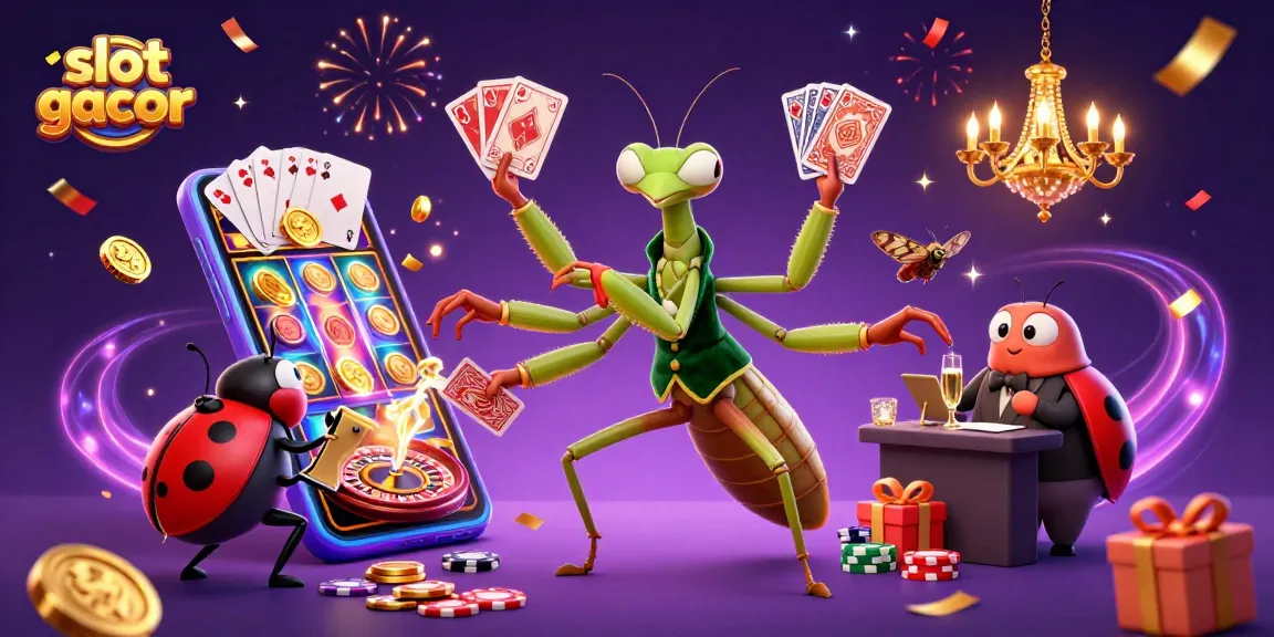 Slot gacor penuh kegembiraan, dengan karakter unik dan elemen permainan di sekelilingnya.