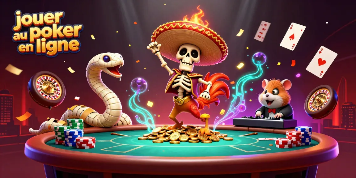 Jouer au poker en ligne avec un rooster mariachi dans une ambiance festive, entouré de jetons et cartes.