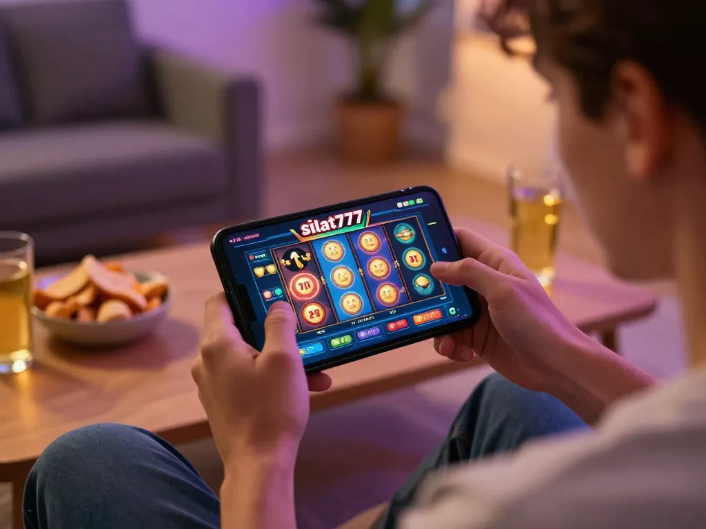 Engaging gameplay on situs slot777 mobile interface with spinning reels in a cozy home environment.