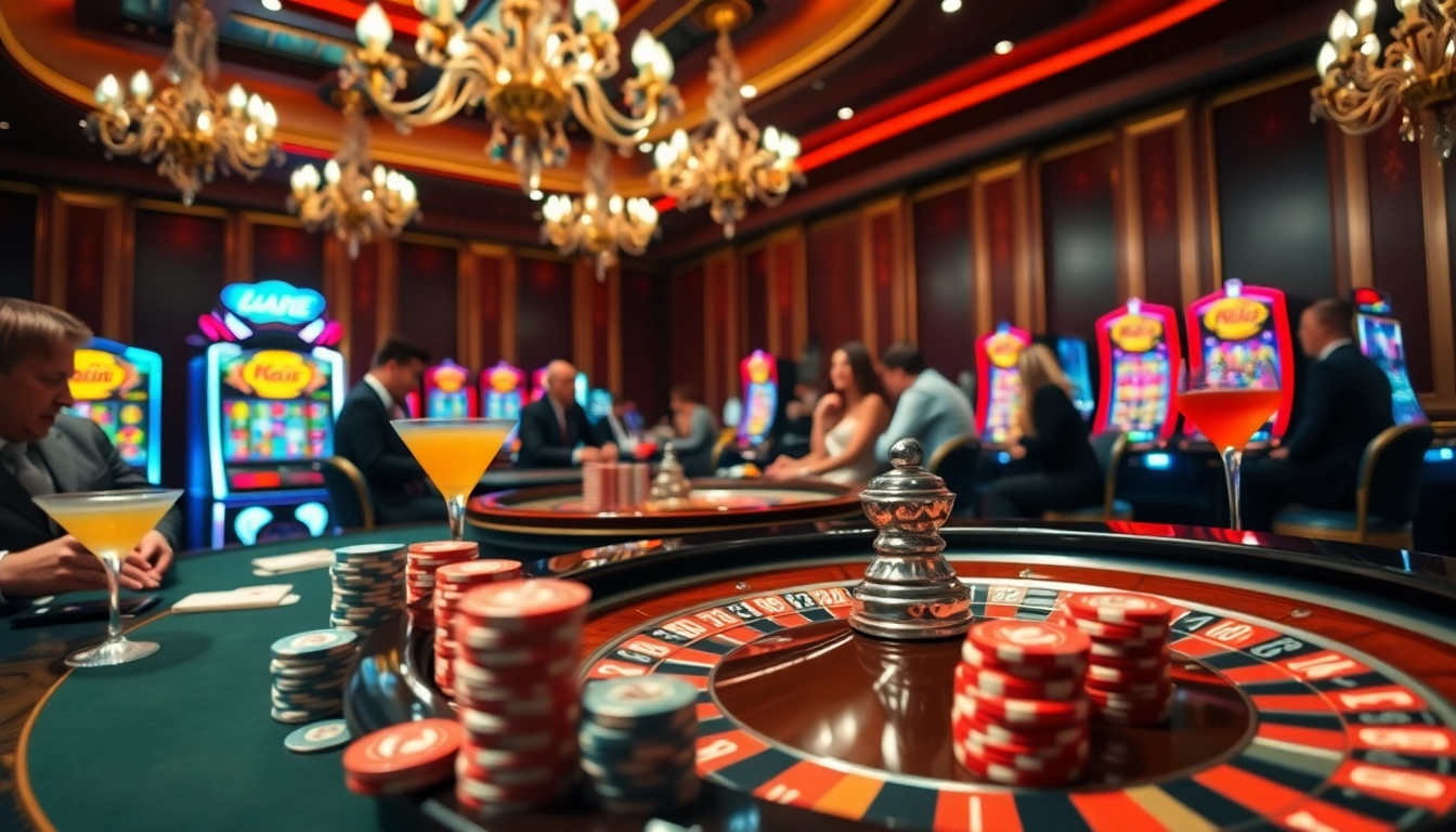 Scène captivante dans un casino en ligne France avec des tables de roulette et des machines à sous vibrantes.