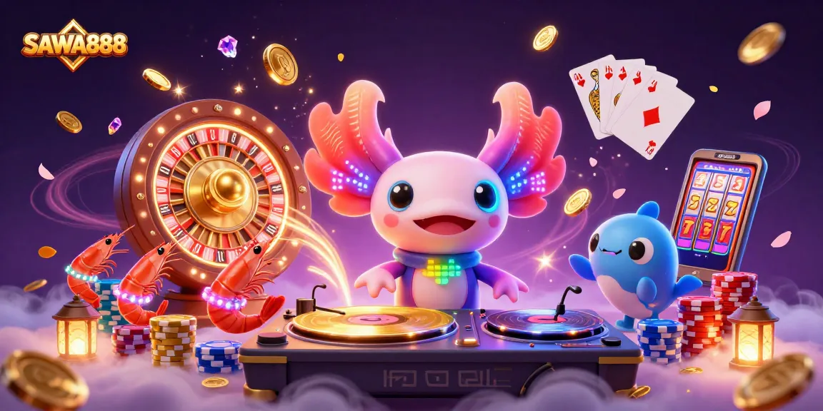 Join the fun at SAWA888 with a vibrant DJ axolotl, dancing shrimp, and exciting casino elements.