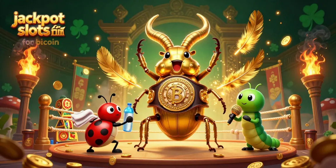 Spin on jackpot slots for bitcoin with a cartoon giant beetle and vibrant casino elements.