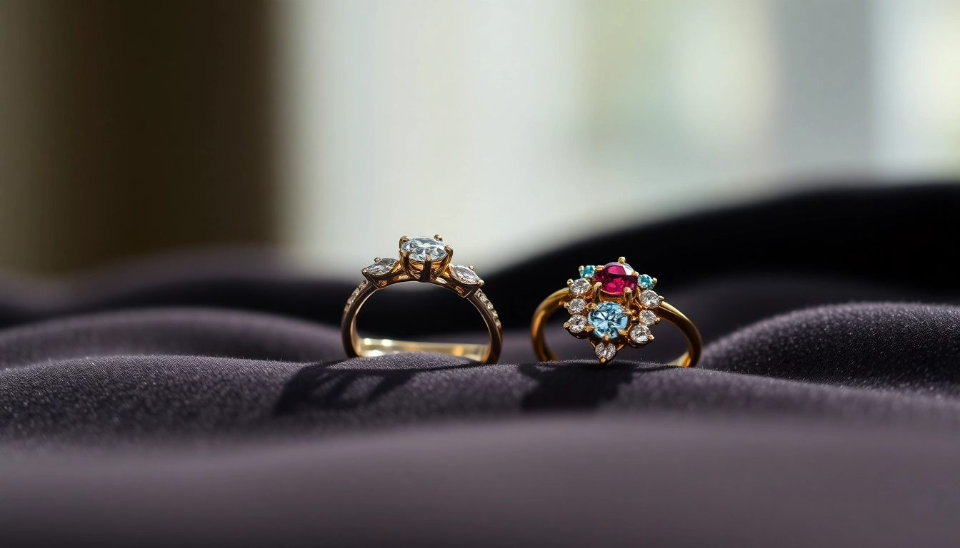 Showcase of exquisite couple rings with intricate designs and sparkling gems.