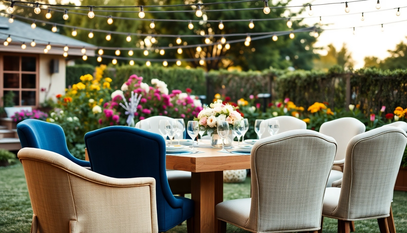 Discover stylish chair rentals elegantly arranged for a beautiful outdoor event setting.