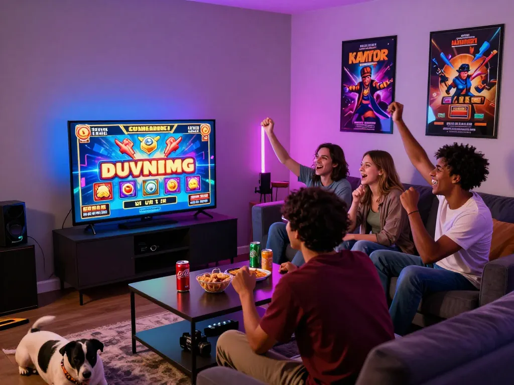 Group of friends enjoying slot gacor hari ini with vibrant gaming atmosphere and snacks.