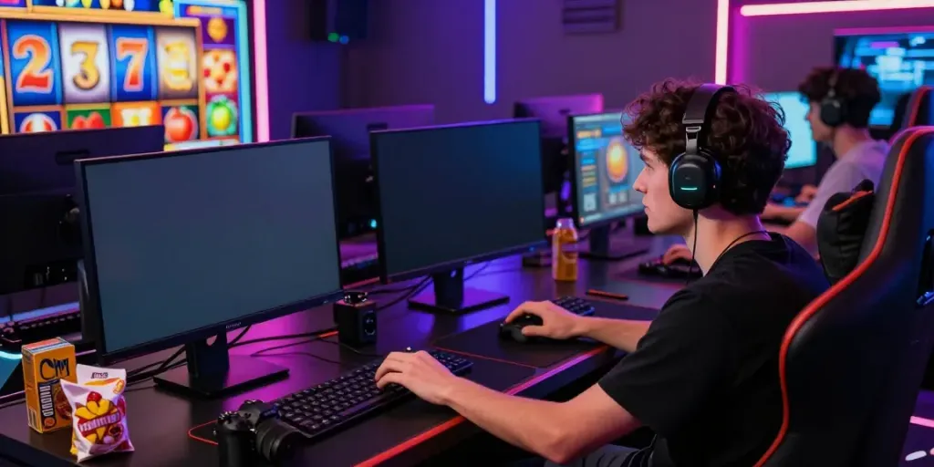Pemain asyik bermain slot777 dengan grafik slot berwarna-warni dan suasana gaming yang dinamis.