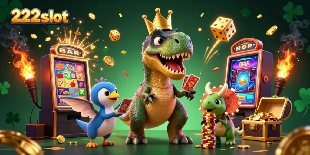 Mengalami permainan seru 222slot dengan karakter T-Rex, pterodactyl, dan triceratops dalam latar kasino yang megah.