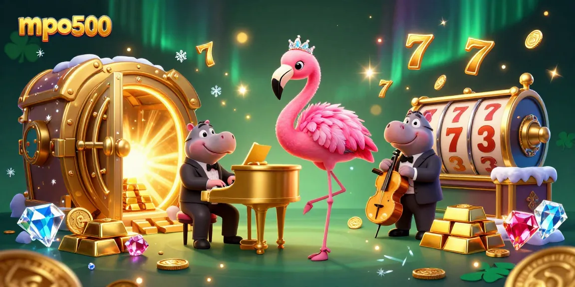 Experience vibrant gaming fun at mpo500 with a cartoon flamingo pianist and hippo bassist amid gold treasures.