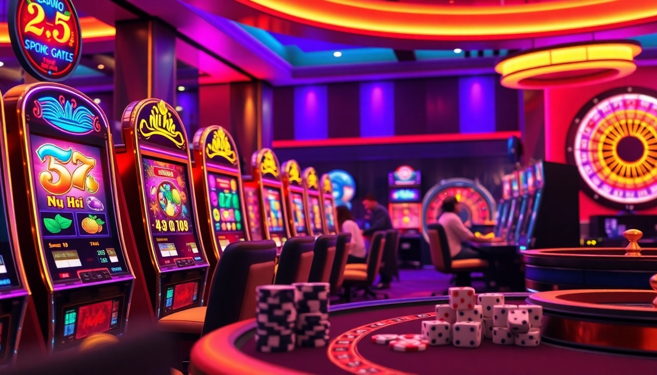 Players enjoying a thrilling nổ hũ slot machine experience with vibrant colors and casino elements.