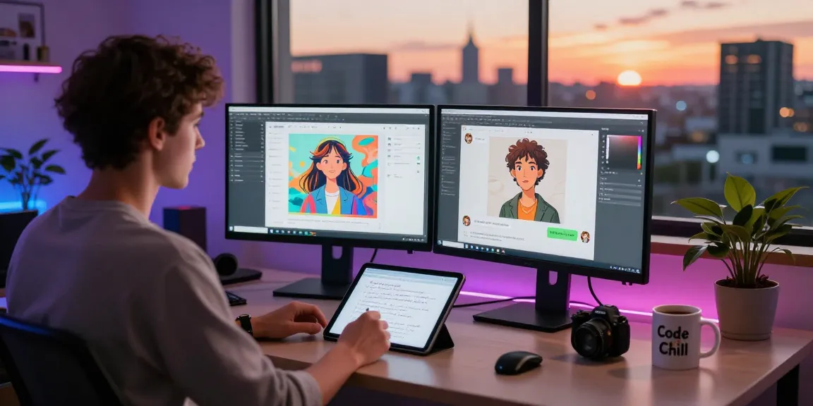 Create engaging AI NSFW content in a modern digital workspace with vibrant city backdrop.