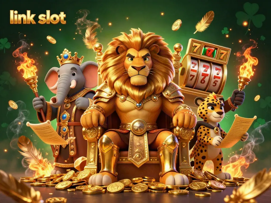 Menang besar di link slot dengan raja slot 3D dan jackpot mengesankan di latar belakang koin emas.