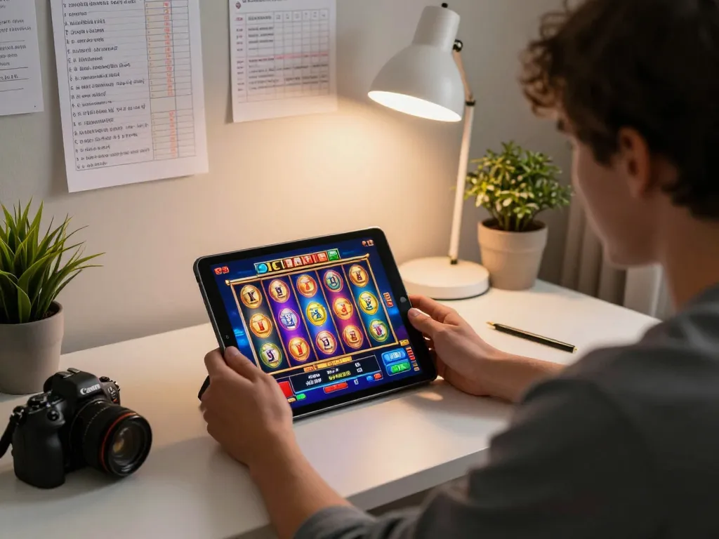 Player engaging with สล็อต in an online gaming environment, showcasing tablet display of vibrant slot machine interface.