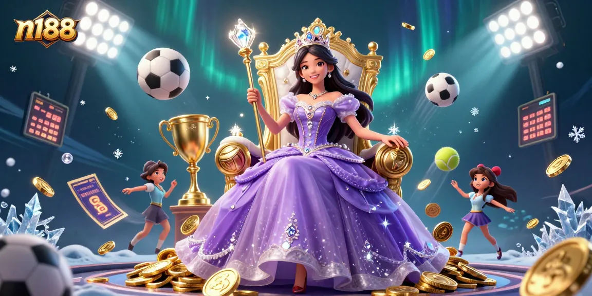 n188 showcases a spectacular scene of Asian elegance in gambling, featuring sports elements and a dazzling royal character.