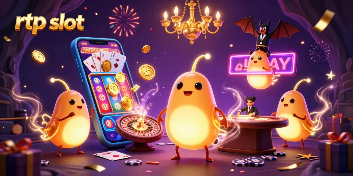 Play exciting rtp slot games in a vibrant 3D casino scene filled with glowworms and fun elements.