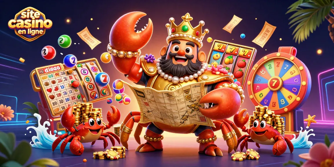Plongez dans l'univers du site casino en ligne avec un crabe géant s'emparant de trésors et de jeux captivants.
