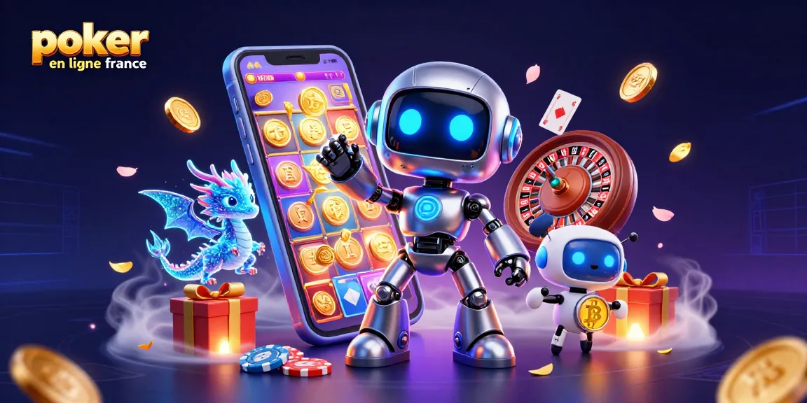 Plongez dans le monde du poker en ligne en France avec une illustration dynamique de personnages cybernétiques.