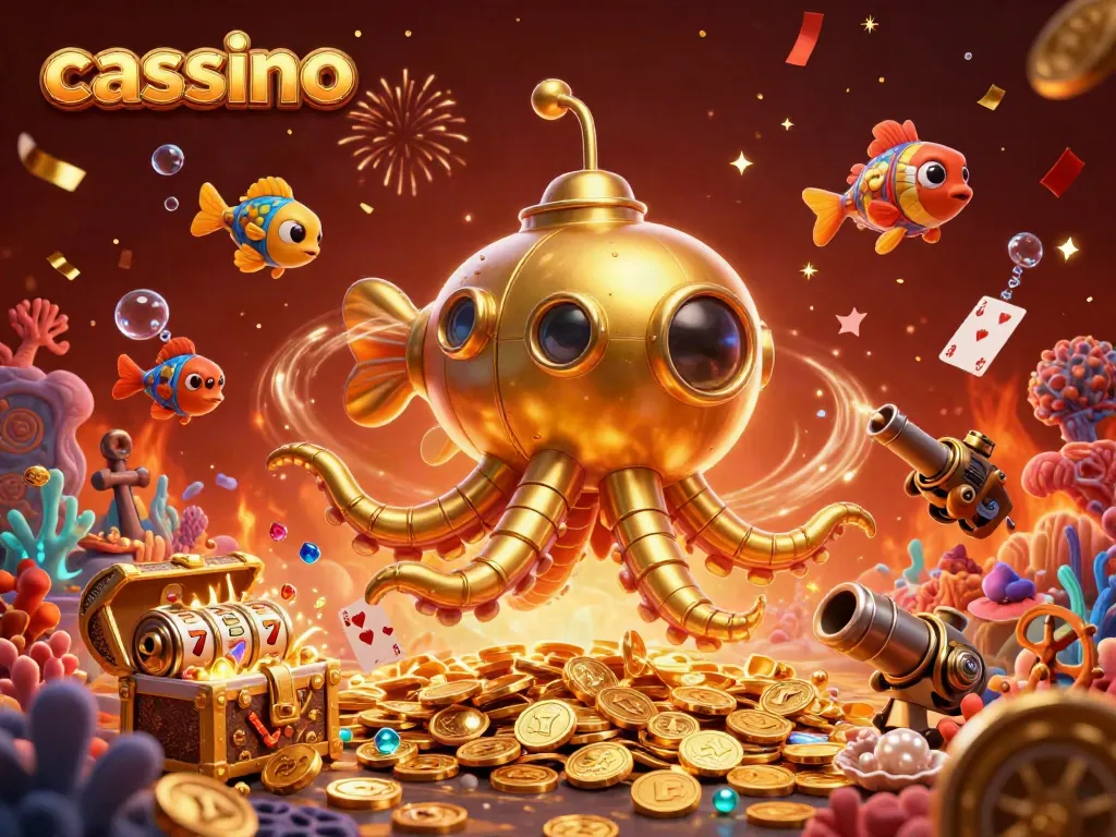 Experience the thrill of a vibrant casino scene with a golden kraken submarine and slot symbols.