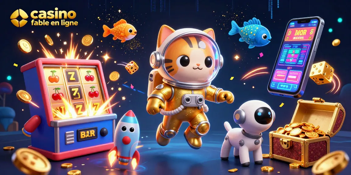 Visitez un casino fiable en ligne avec une illustration immersive d'un chat astronaute et un chien robot.