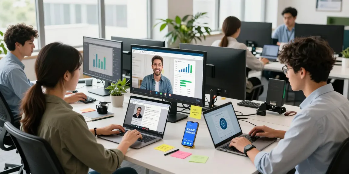 Dynamic digital communication scene with professionals using 纸飞机中文版 on laptops and smartphones in a bright workspace.