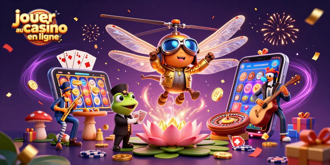 Jouer au casino en ligne avec des personnages ludiques et des éléments de jeu vibrants dans une scène de fête
