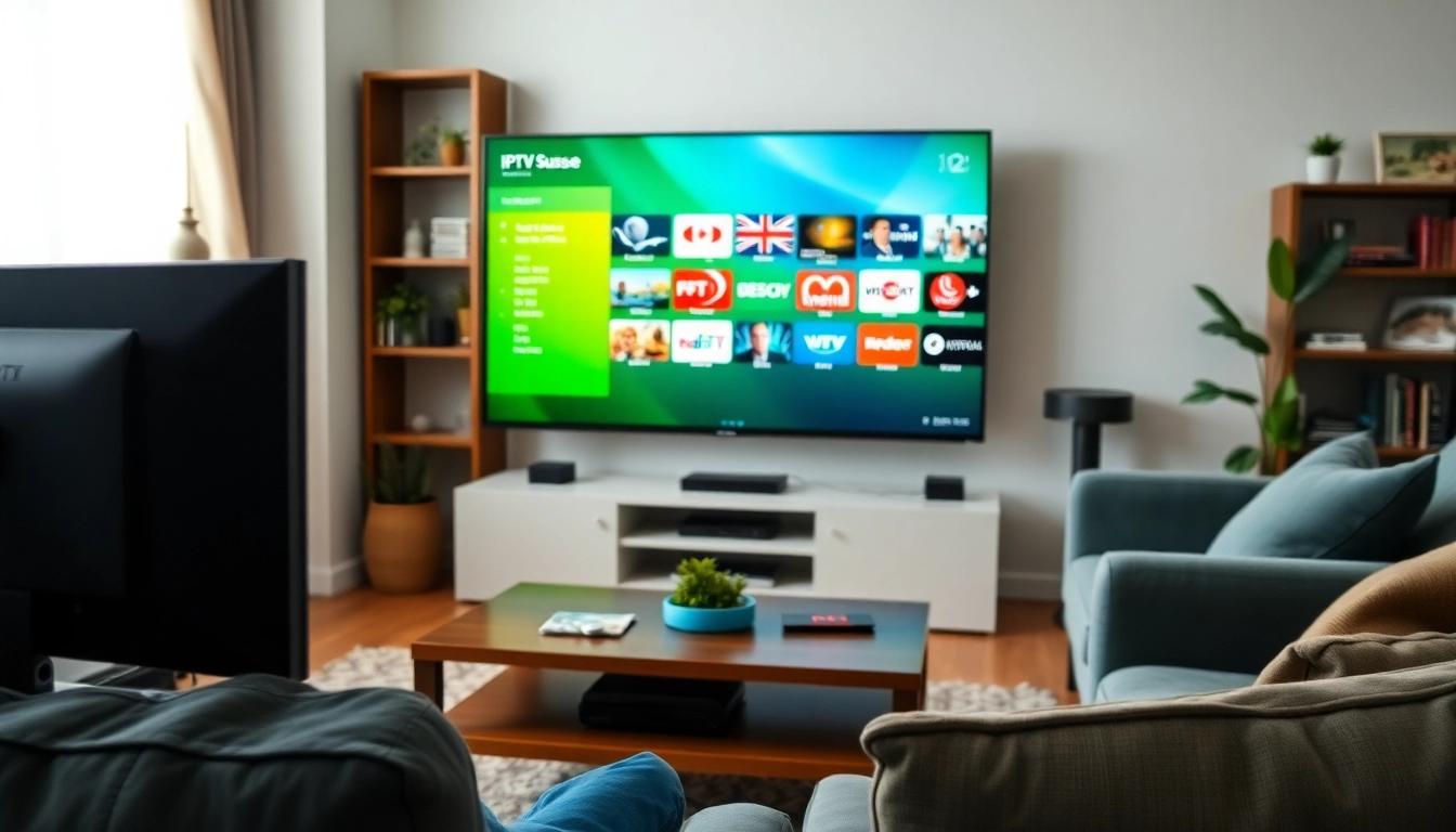 Enjoying IPTV Suisse on a modern TV in a cozy living room setting.