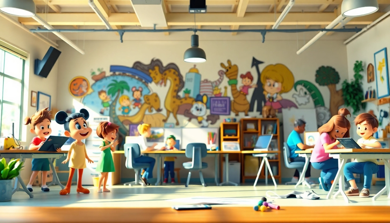 2D Animation characters coming to life in a creative studio environment.