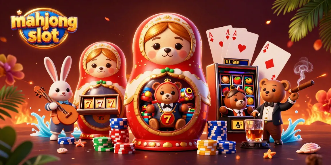 Engage with exciting mahjong slot gameplay in a vibrant, casino-themed illustration featuring bears and games.