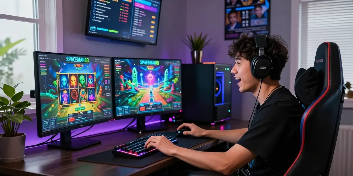 Engaged gamer on SPACEMAN88 platform showcasing thrilling slot gameplay and colorful user interface.
