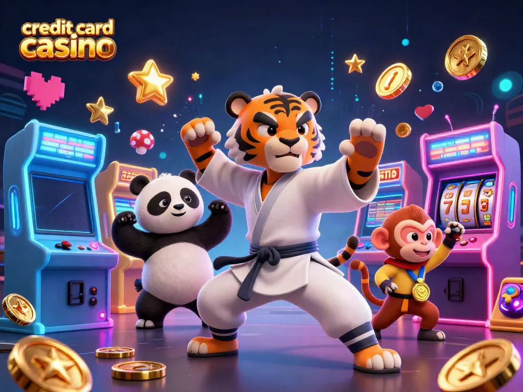 Engage in thrilling gameplay at credit card casinos featuring 3D characters and vibrant casino elements.