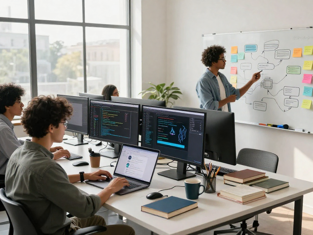 A dynamic workspace for hentai ai chat development featuring a diverse team collaborating on AI applications, showcasing innovative design and upbeat atmosphere.