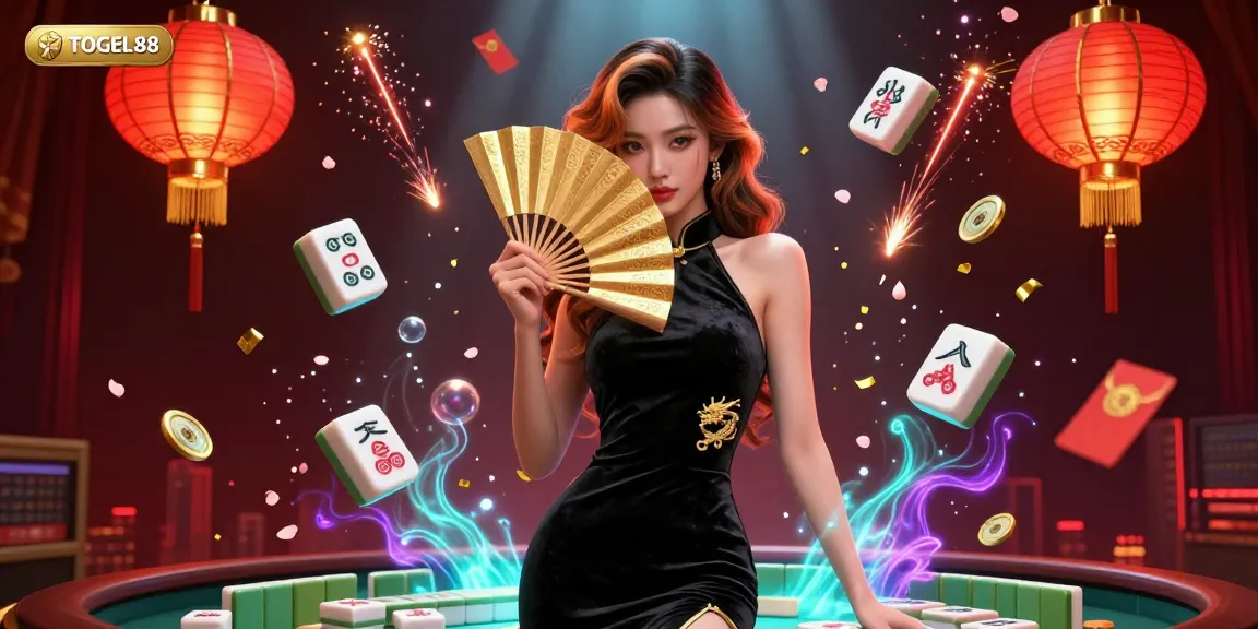 Engage with TOGEL88's exciting casino atmosphere, featuring a striking Asian woman amidst vibrant gaming elements.