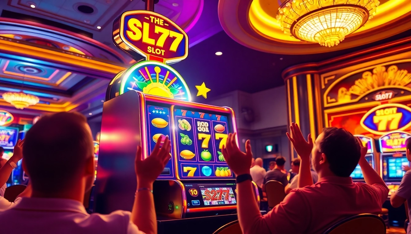 Main gameplay of Slot77 menarik perhatian dengan simbol ceria dan suasana kasino yang menggembirakan.