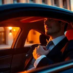 Experience chauffeur services near me with a professional driver in a luxury sedan outside a hotel.