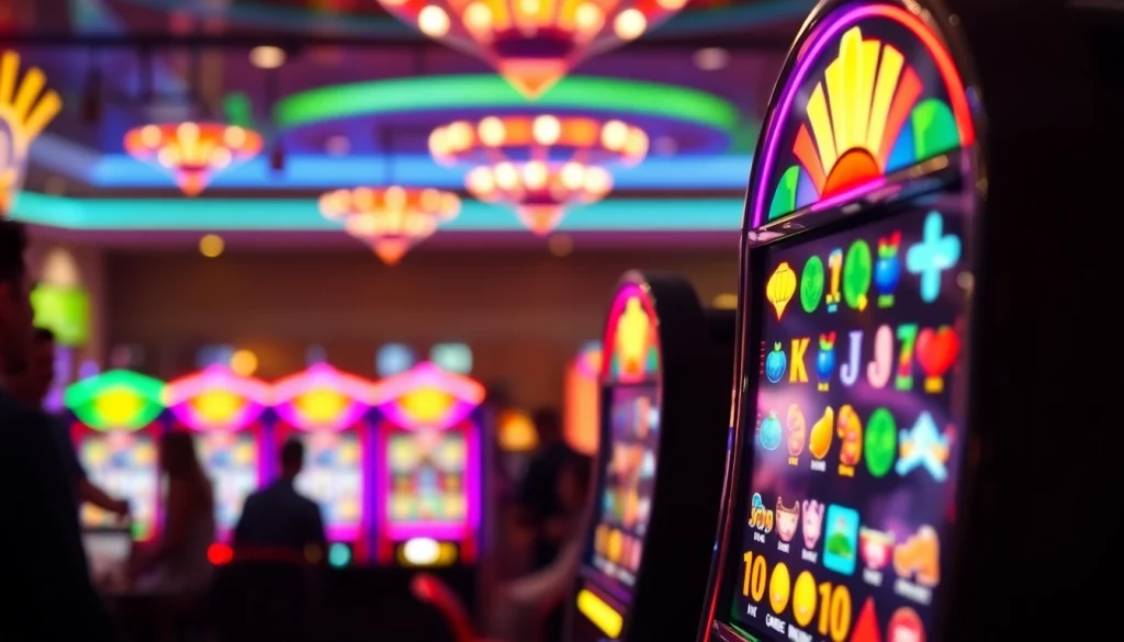 Slot gacor hari ini dengan mesin kasino yang penuh warna dan pemain yang menikmati waktu mereka.